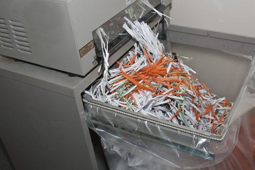 A close-up view of a shredder machine processing a large amount of shredded paper material, with paper strips in white, orange, and green colors spilling into a clear plastic collection bin. The shredder is situated indoors on a clean, flat surface, with part of its metallic body visible above the shredded paper. Surrounding environment appears to be a professional or office setting, emphasizing the paperwork disposal process that commercial waste removal services, such as those offered by Commercial Waste Notting Hill, can assist with. The shredded paper is densely piled, indicating an active or recent shredding activity, and the clear bin allows visibility of the collected waste. The overall scene reflects document clearance and waste management related to commercial or office environments in Notting Hill or nearby areas.